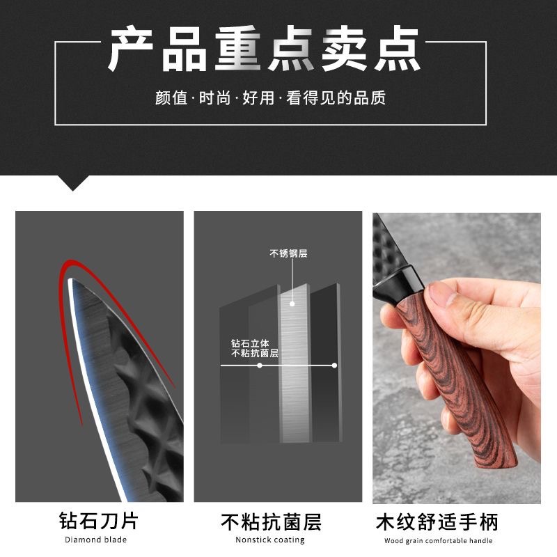 厨房不锈钢刀具套装肥仔柄披覆六件套六角钻石纹彩色礼品盒装刀具详情17