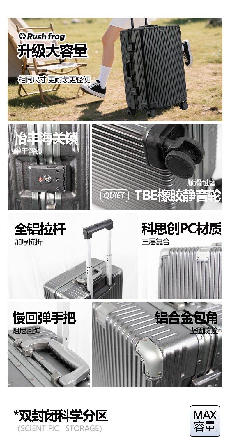 20-inch swivel wheel carry-on suitcase, 2025 new aluminum frame suitcase, TSA password lock, suitcase with handle pic 3