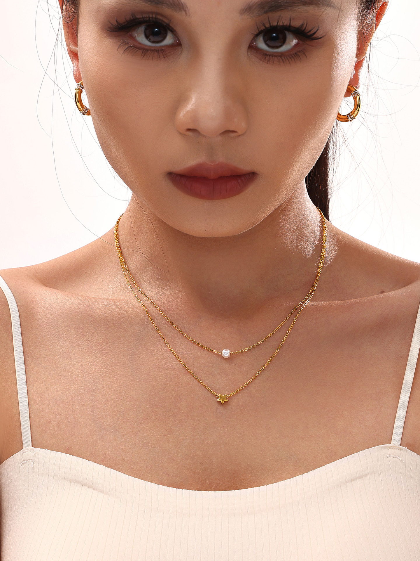 谜丽 星星贝珠设计感多层项链欧美风热销通勤叠戴钛钢18K真金饰品详情3