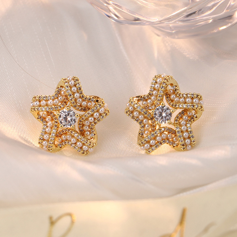 时尚高级感天然珍珠锆石耳环女花朵星星复古轻奢耳钉耳夹925银针详情33