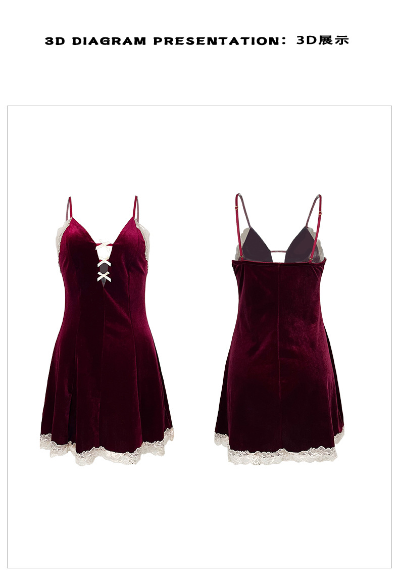 Feiyun velvet lace patchwork retro sexy pajama set, halter dress and outer robe two-piece set, available in multiple colors, 777 pic 17