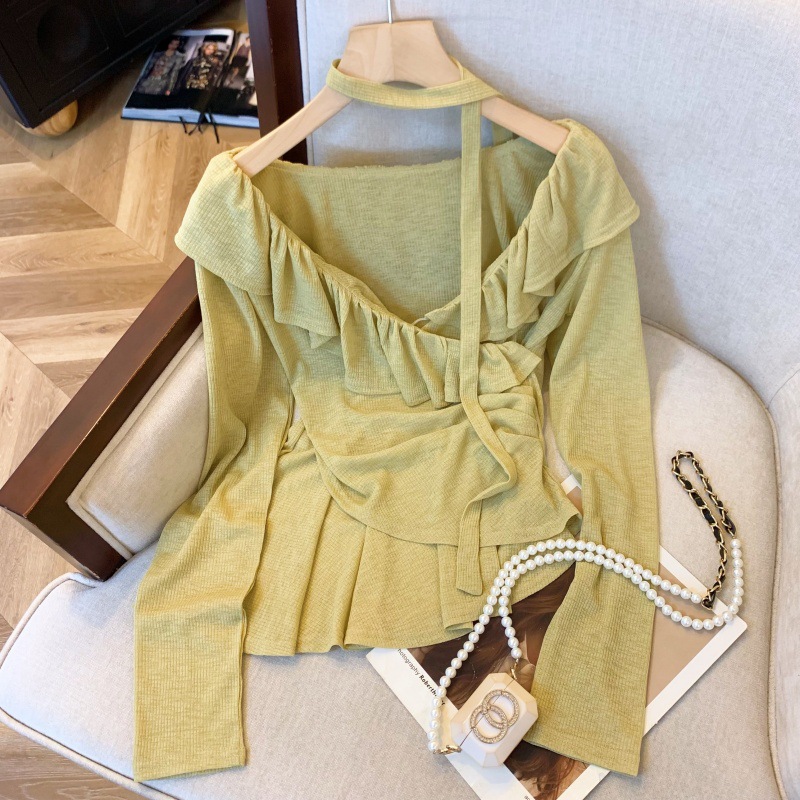 实拍~纯欲甜美荷叶边飘带一字肩收腰褶皱天丝上衣不规则衬衫详情16