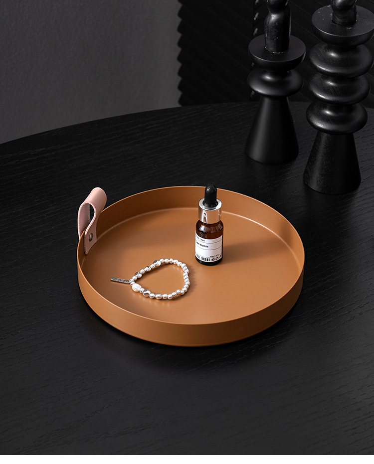 ins风圆形收纳托盘皮革提手金属圆盘杂物收纳浴室置物盘铁艺托盘详情16