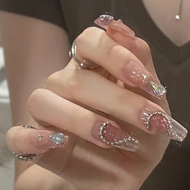 Wholesale of handcrafted wearable nails for Internet celebrities, medium and long heart-shaped diamond nail nail plates, nail patches, false nails, jelly glue pic 11