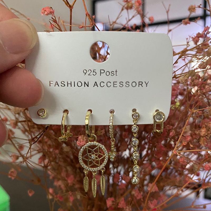 Six sets of high-end Korean-style earrings and earrings with a fashionable and versatile dreamcatcher micro-inlay zircon tassel arrown ear clip pic 6