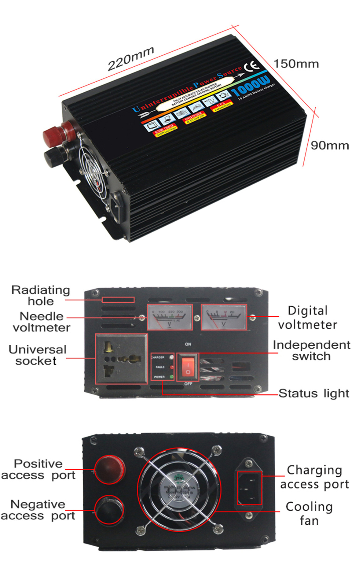 聪芯厂家供应 1000W修正波大功率逆变器带UPS充电功能屏幕 现货详情11