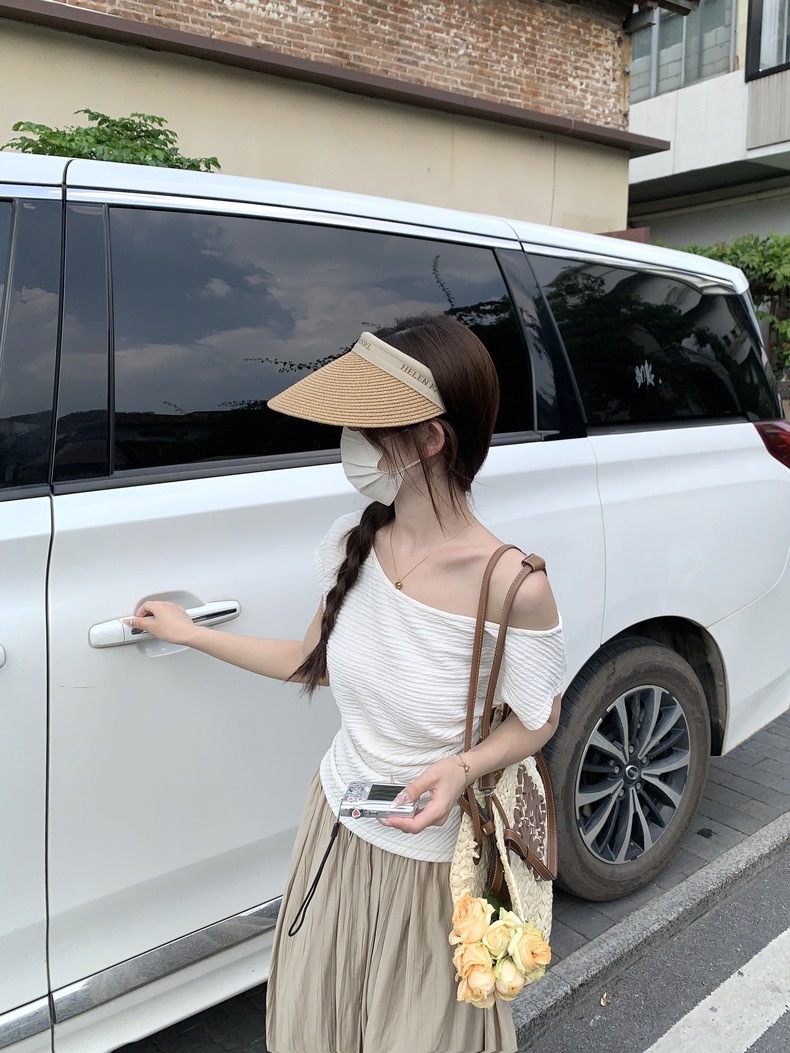 斜肩肌理感韩版短袖T恤女夏季修身显瘦内搭打底衫白色气质上衣服详情5