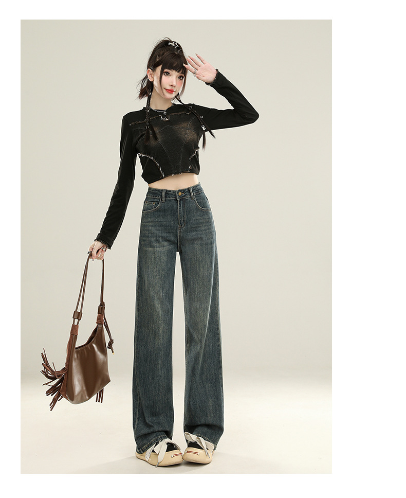 怀旧蓝直筒裤牛仔裤女秋季2025新款高腰显瘦垂感宽松窄版阔腿裤子详情23