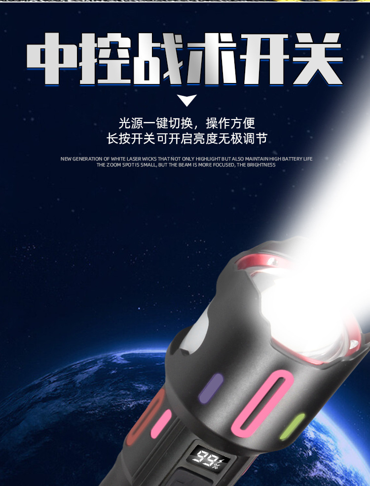 跨境强光远射手电筒超亮户外白激光多功能数显灯变焦大功率露营灯详情7