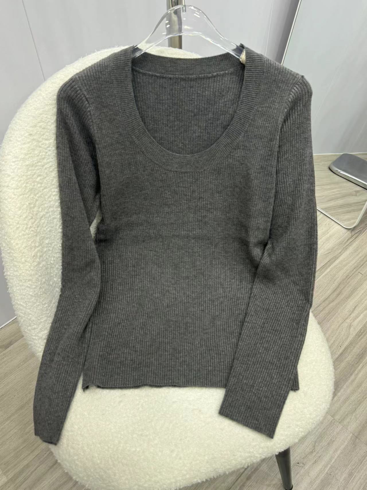 U领针织衫女韩国东大门露锁骨修身纯色安迪绒打底衫安迪绒长袖衫详情7