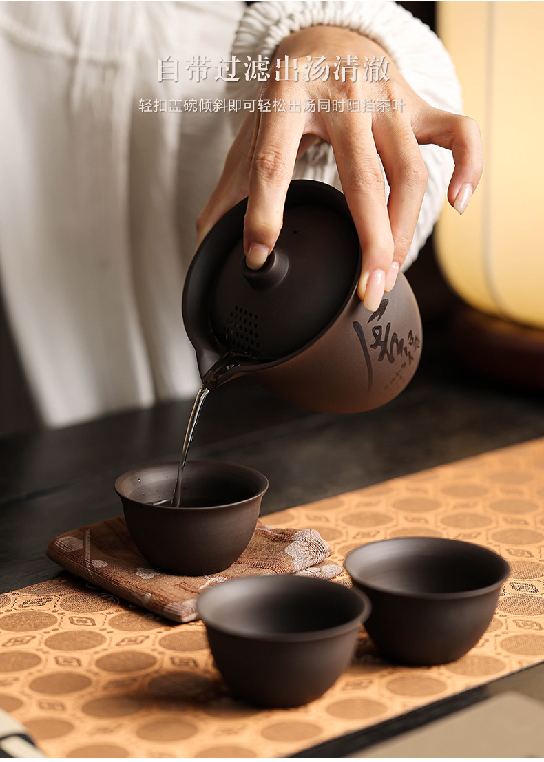 Outdoor one-pot three-cup tea set, portable purple clay quick guest cup, light luxury travel tea pot, gift and souvenir pic 5