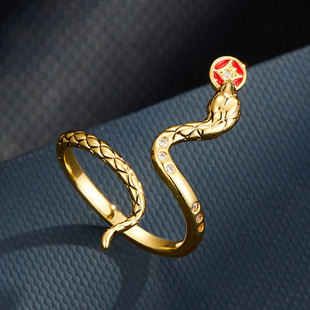 A niche high-end gold brushed snake opening ring, copper alloy, real gold electroplated with zircon, adjustable ring pic 1