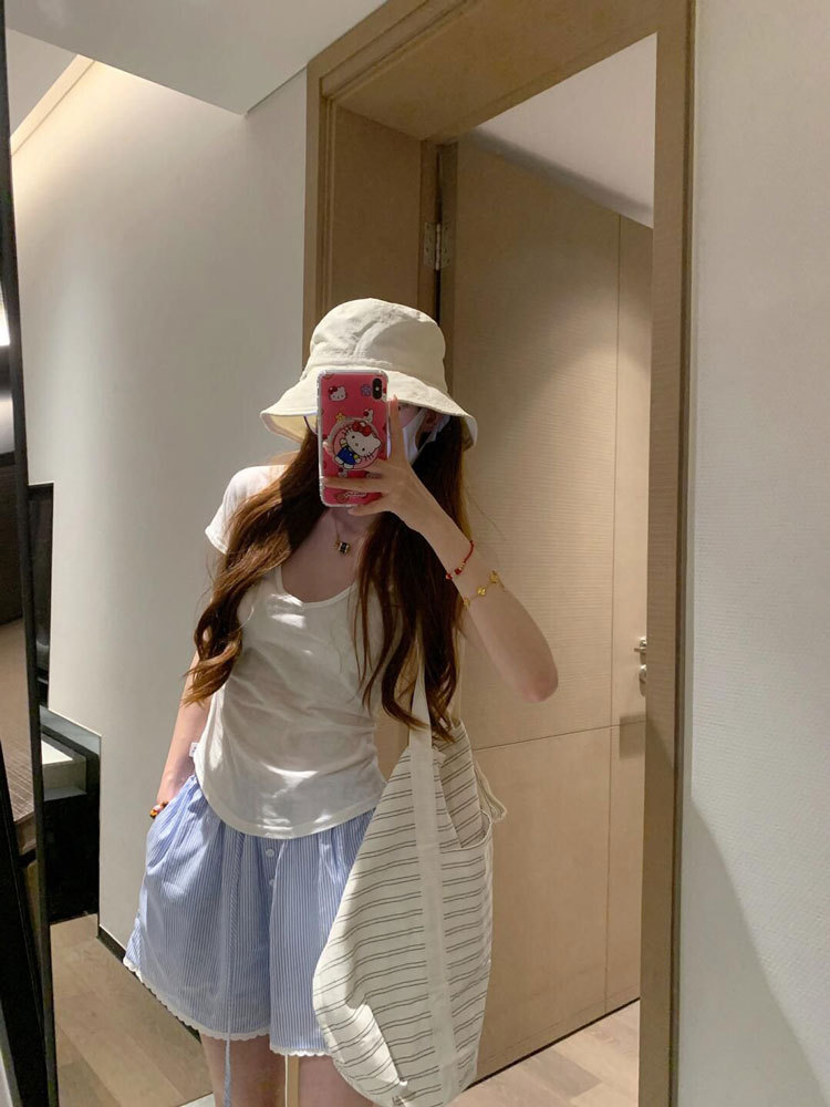 美式蓝色条纹休闲短裤女夏季高腰抽绳透气速干甜辣运动阔腿沙滩裤详情6