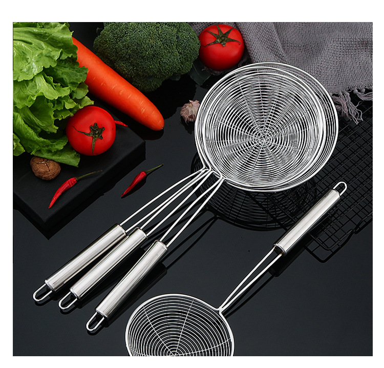 Stainless steel large strainer, household kitchen oil-frying filter, wire strainer, round tube, double-wire large noodle and dumpling scooping strainer pic 15