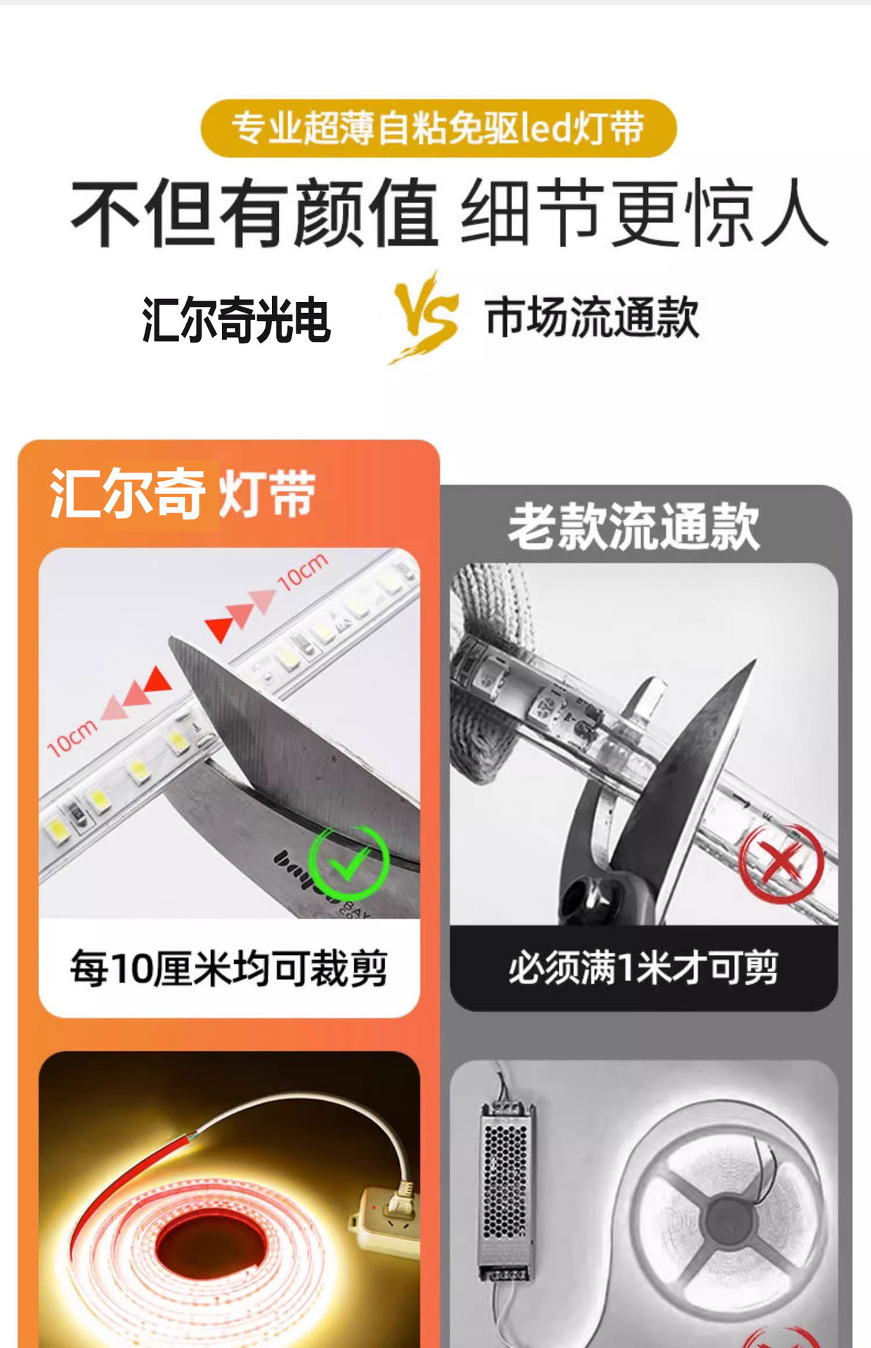 超薄220V自粘led软灯带贴片线条灯展示柜子货架装饰贴片高压灯条详情12