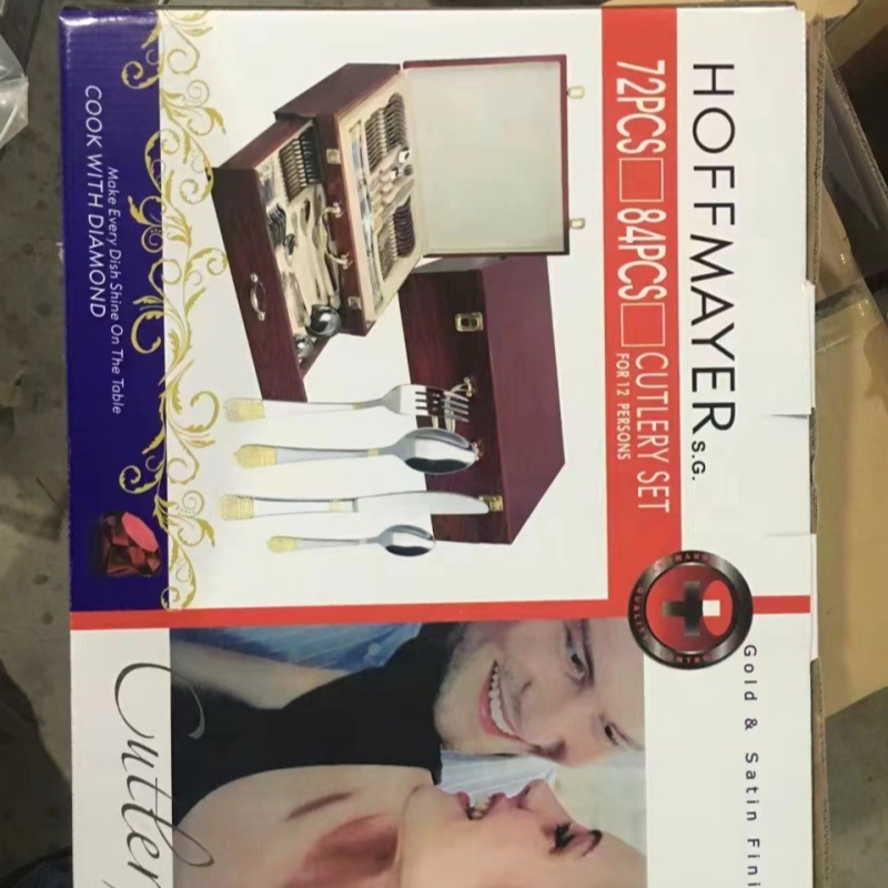 72-piece Western tableware set, 84-piece set, gold-plated Gong Yan stainless steel knife, fork and spoon gift box, wooden box pic 15