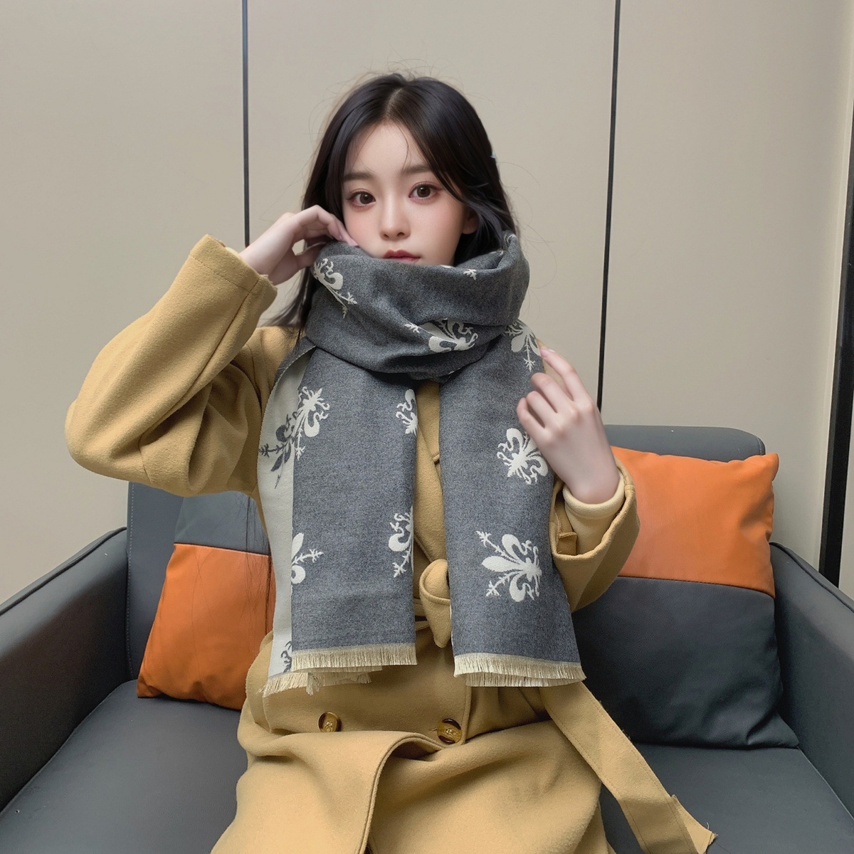 围巾女冬季欧美风格佛罗伦萨鸢尾花披肩加厚百搭双面保暖围脖保暖详情36