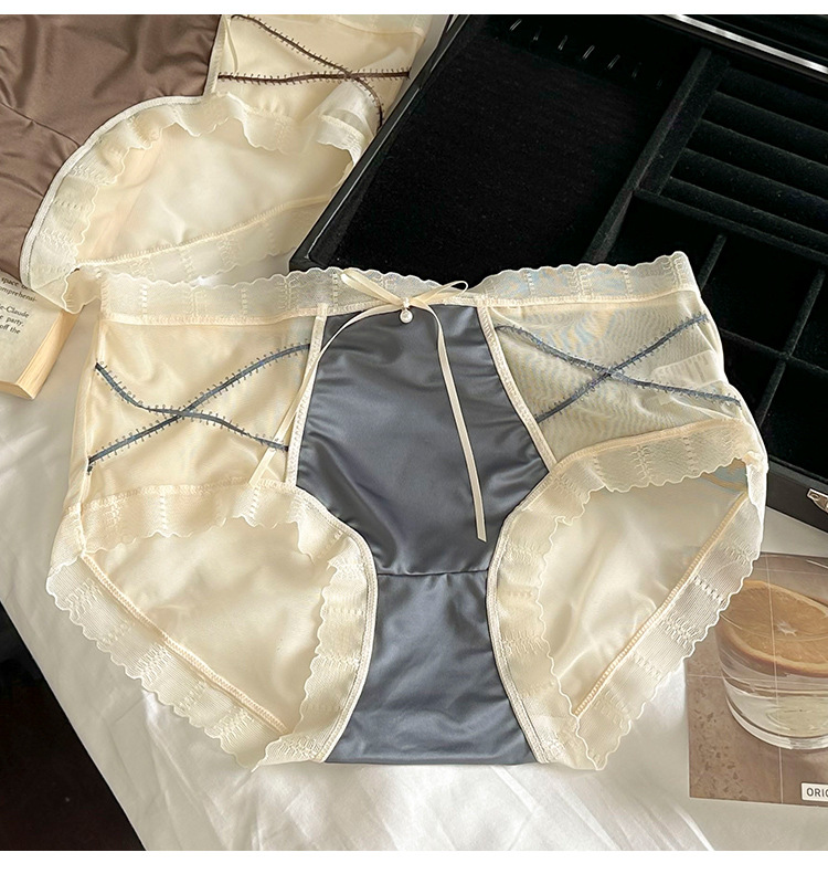 复古交叉绑带半透蕾丝内裤女生纯欲性感舒适桑蚕丝抑菌三角裤女士详情10