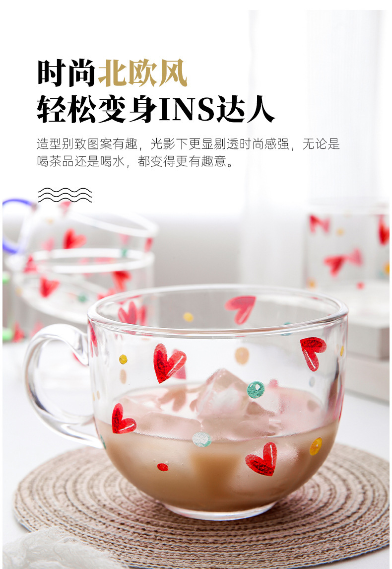 Transparent glass cups with creative heart-shaped milk breakfast cups, office household tea cups, and water cups with handles pic 7