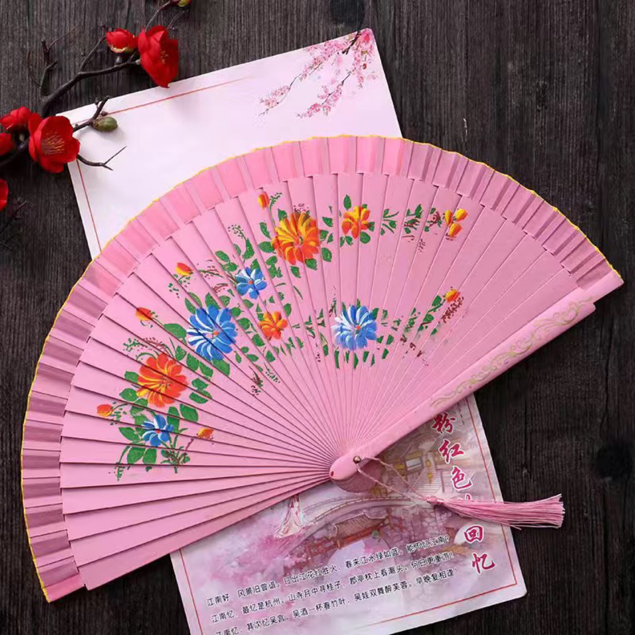 红色跳舞扇子双面西班牙实木扇舞蹈扇旗袍舞台走秀表演扇红扇折扇详情4