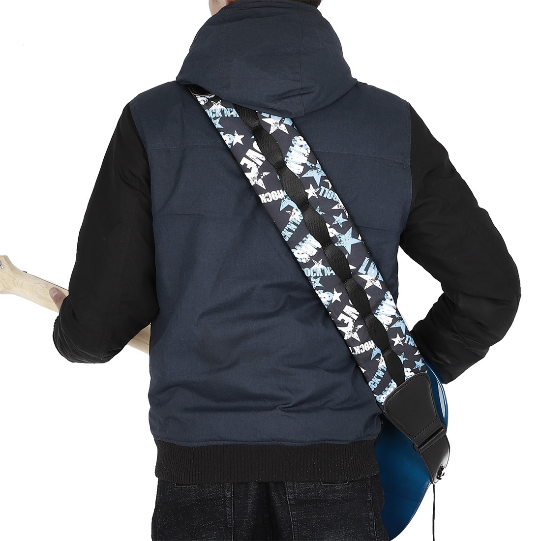 The guitar strap is made of cotton, thickened and widened, adjustable leather strap, pressure-reducing strap, and blue and white star bass shoulder strap pic 10