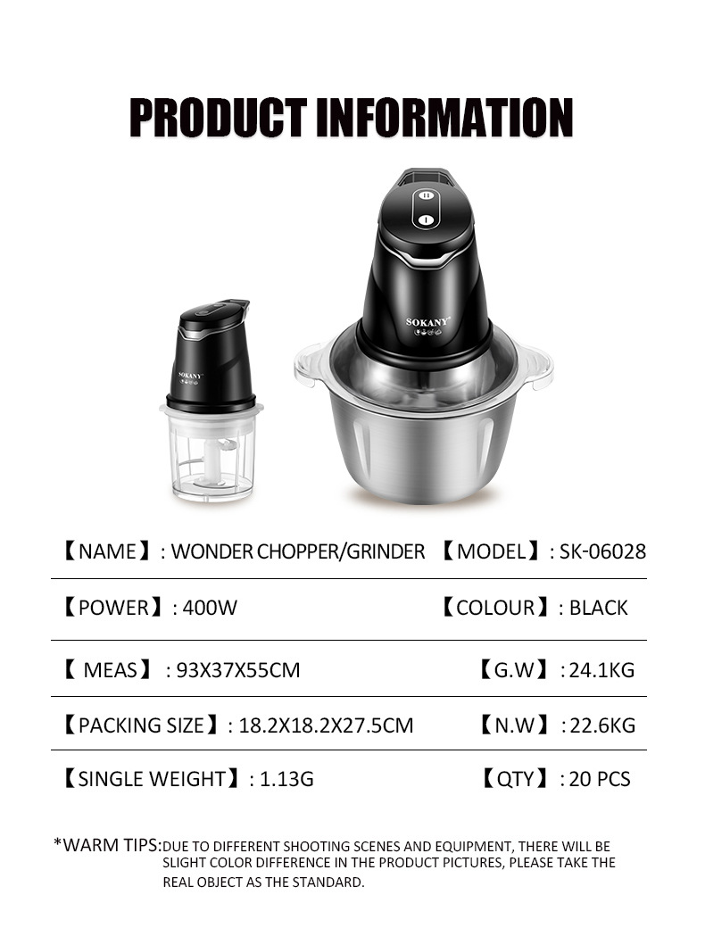 Foreign trade SOKANY06028 Meat grinder, Household complementary food processor, Blender, Vegetable cutter WONDER CHOPPER pic 3