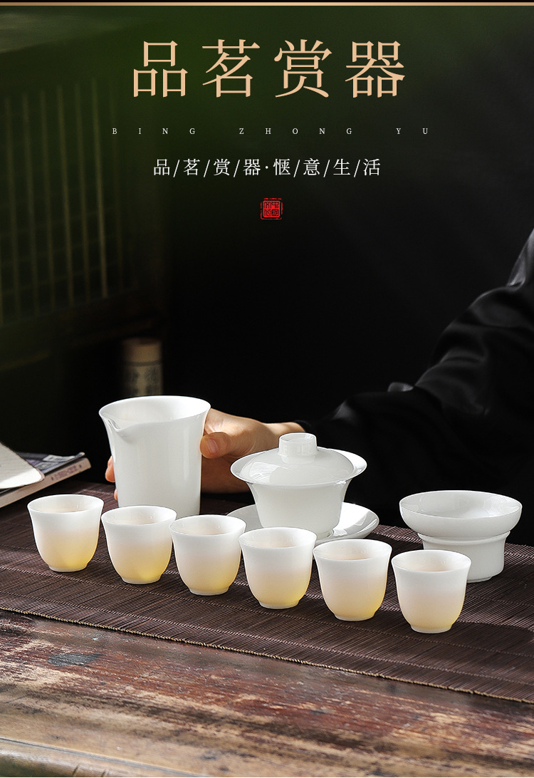 Dehua Light luxury sheep fat jade white porcelain ice jade porcelain tea set, home gift covered bowl Tea cup complete set as a souvenir pic 4