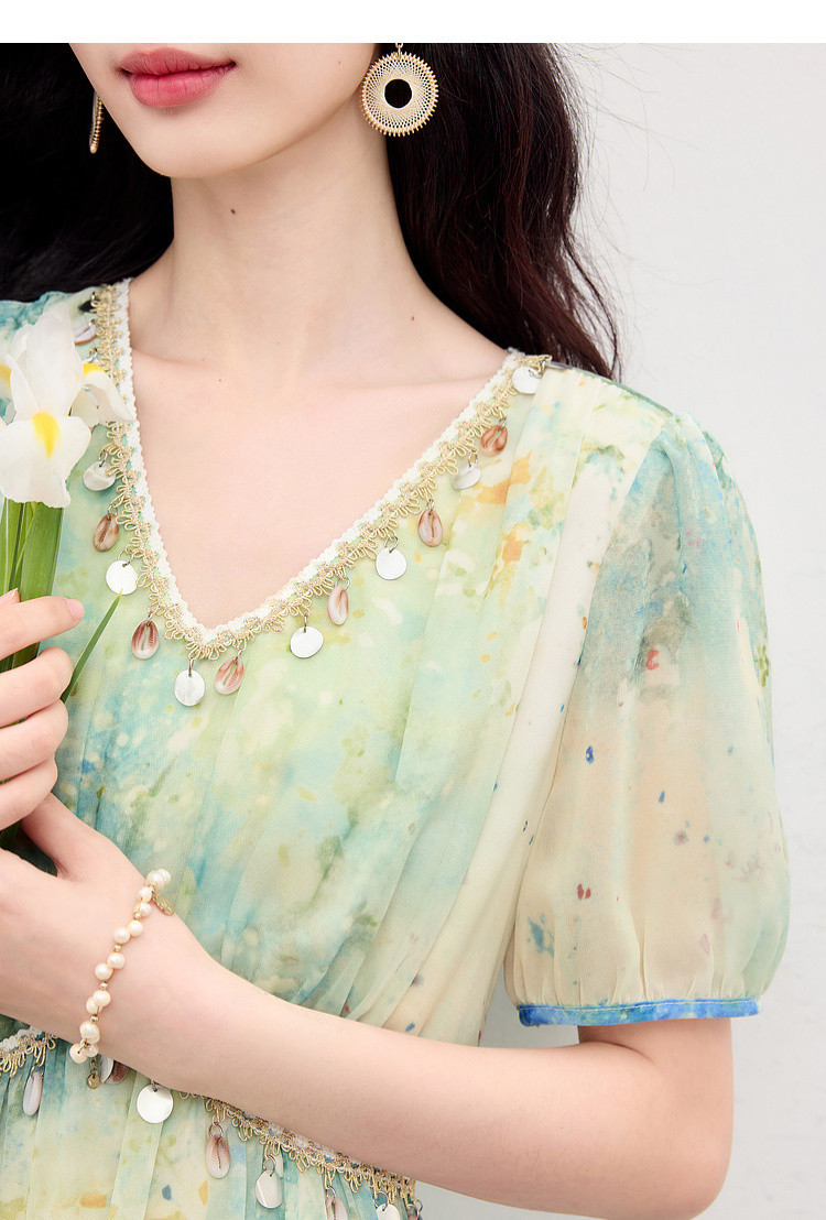 贝壳亮片织带收腰油画晕染裙子女夏小众设计显瘦飘逸波嬉风长裙详情17