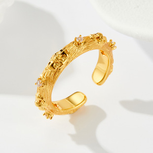 Retro court-style gold brushed petal open ring, copper alloy real gold electroplated with zircon adjustable ring pic 5