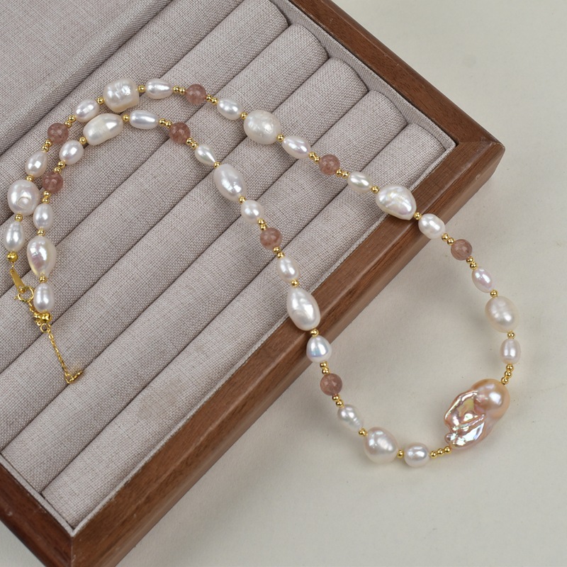 French caramel grass mold crystal natural stone Baroque natural freshwater pearl necklace, a new high-end sweater chain for women pic 4