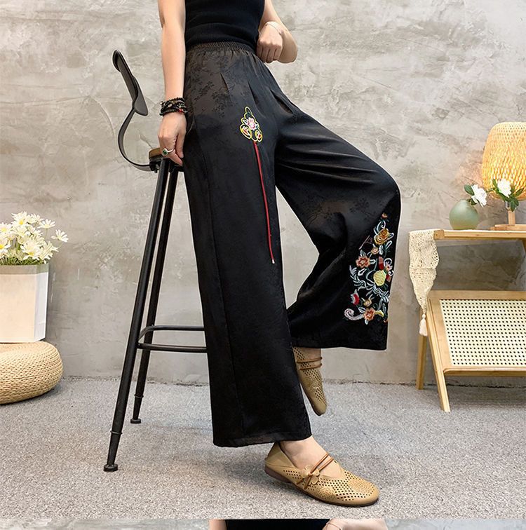 国潮绸面提花新中式民族风阔腿裤国风文艺刺绣花高腰休闲宽松长裤显瘦详情12