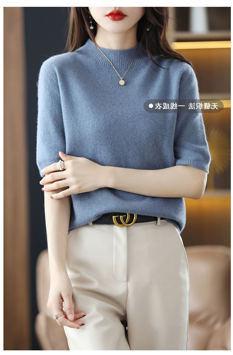 A semi-high-neck casual knitted sweater for women in spring 2023, in a solid color, paired with a half-sleeved base layer sweater T-shirt pic 12