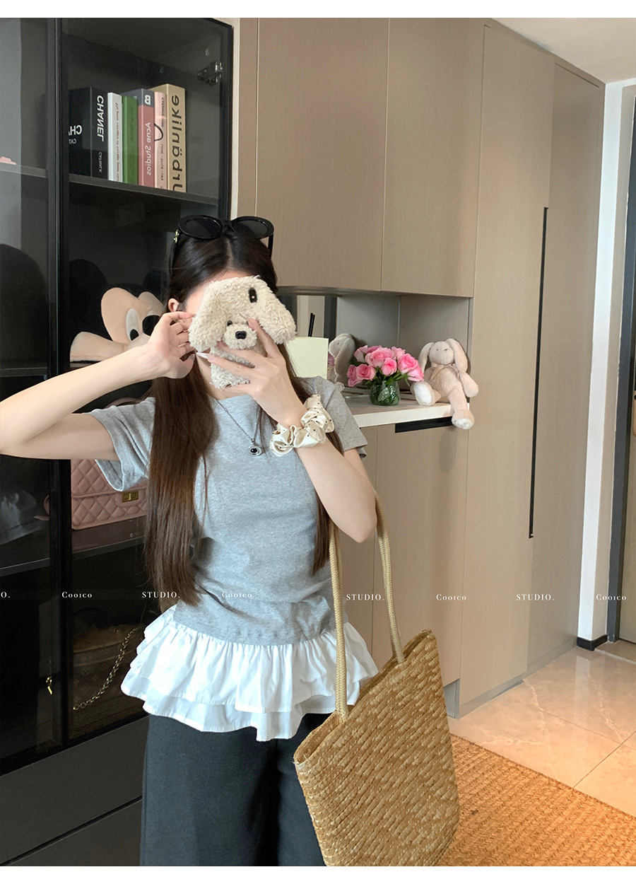 法式荷叶花边下摆拼接白色短袖t恤女夏季设计感修身正肩小衫上衣详情15
