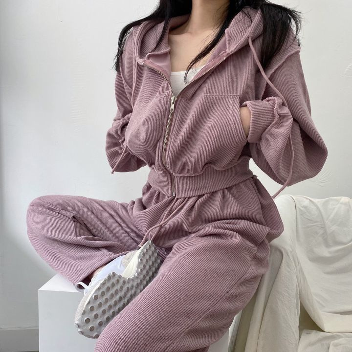 春秋季薄款时尚套装休闲宽松直筒裤女套装宽松显瘦拉链连帽两件套详情5