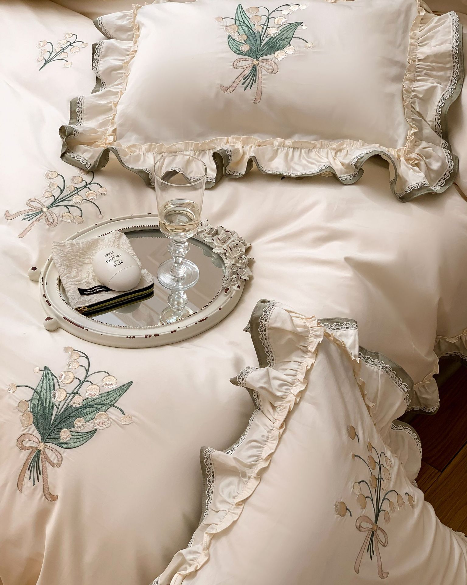 Classical embroidery double-piece natural color fabric with ruffled edges and rounded corners, 100S Australian cotton double-strand Gongbrocade, long-staple cotton four-piece set pic 13