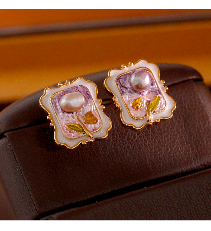 Hyacinth新中式国风油画珐琅滴釉耳环淡水珍珠耳饰2025年新款潮轻奢耳坠女详情6