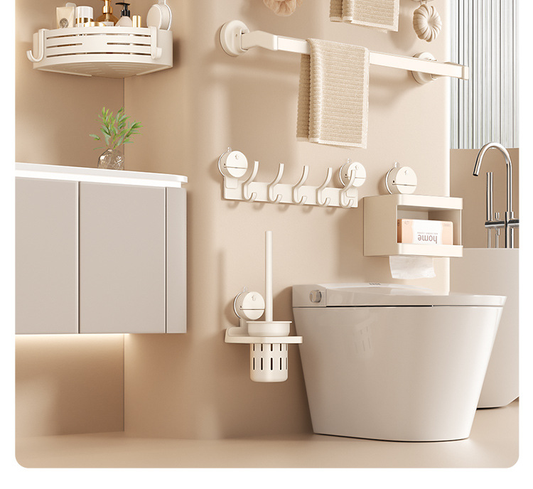 奶油风吸盘浴巾置物架卫生间免打孔墙上壁挂浴室厕所毛巾挂杆套装详情2