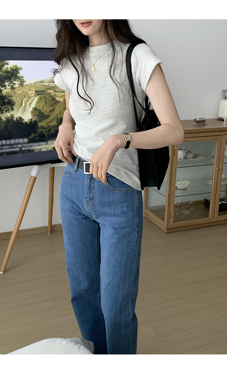 美式纯色正肩短袖t恤女2025ins潮牌辣妹圆领叠穿打底体恤修身显瘦详情11
