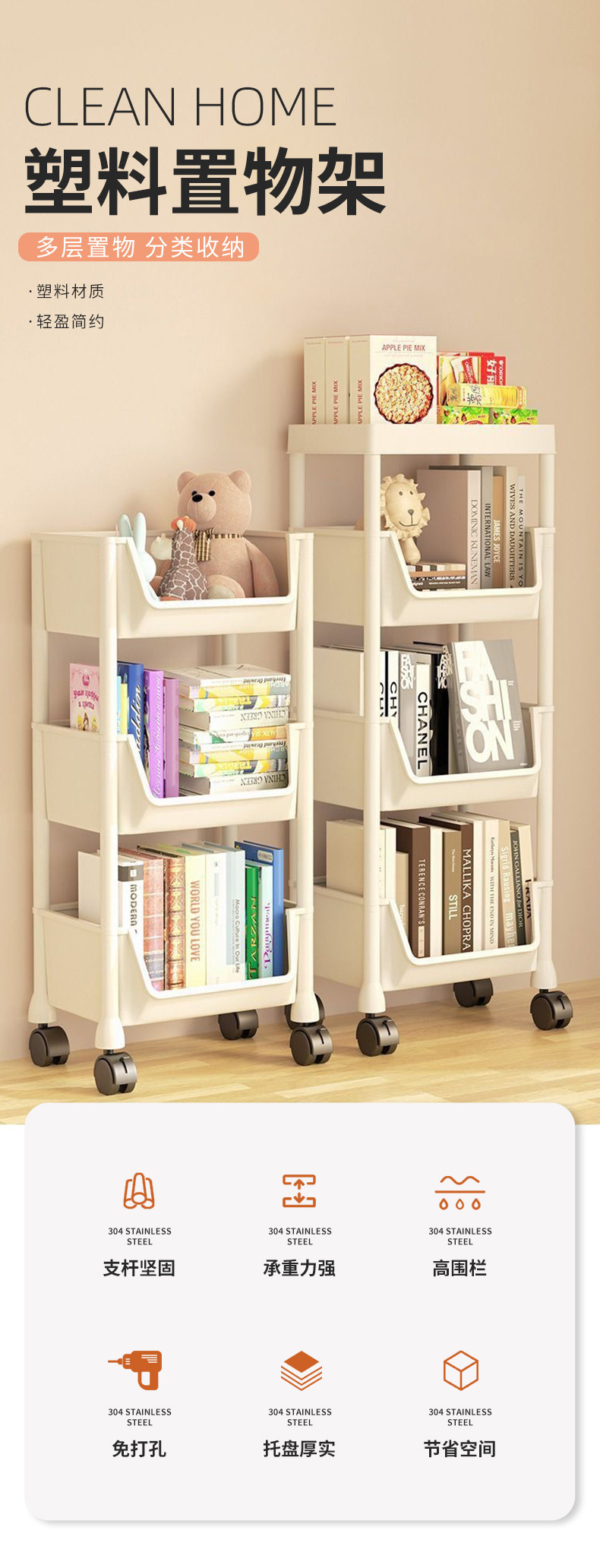 书本架置物架落地小推车厨房浴室移动零食卫生间多层收纳储物架详情1