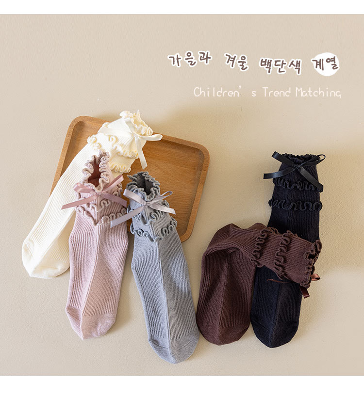 儿童袜子春秋款木耳边堆堆袜可爱蝴蝶结女童洛丽塔花边公主中筒袜详情4