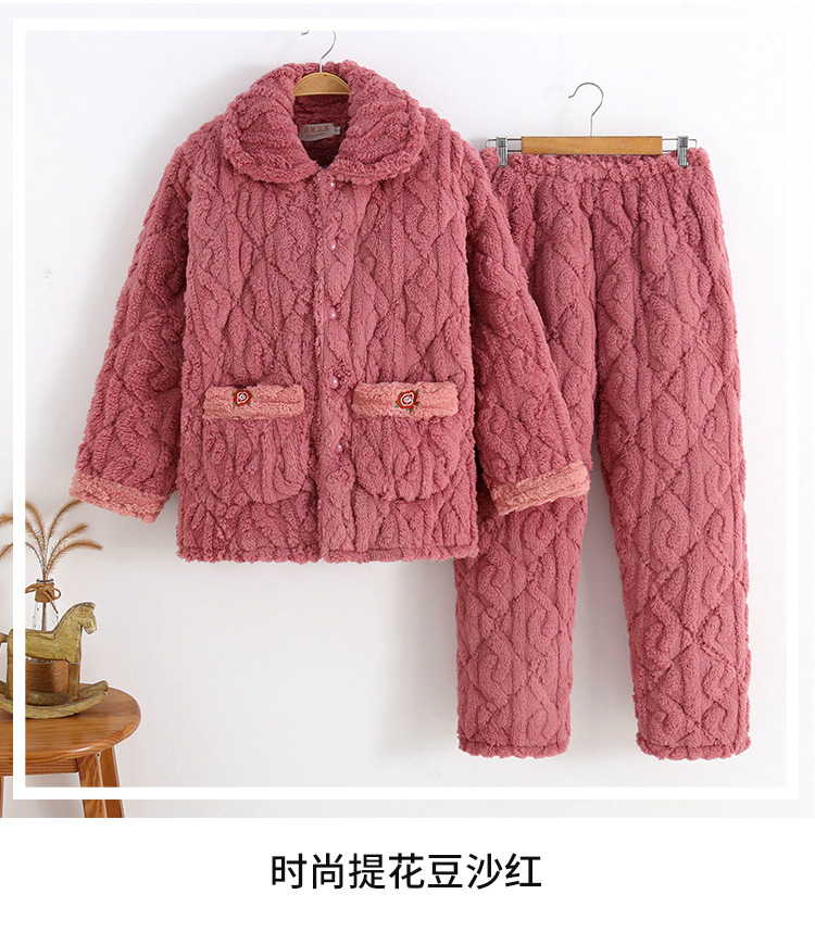 中老年妈妈冬季睡衣女三层加绒加厚夹棉珊瑚绒保暖家居服外穿套装详情3