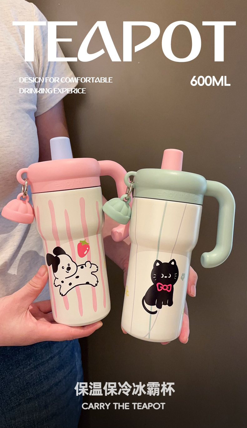 新款卡通保温杯可爱小猫大容量冰霸杯高颜值女生手柄杯吸管杯详情1