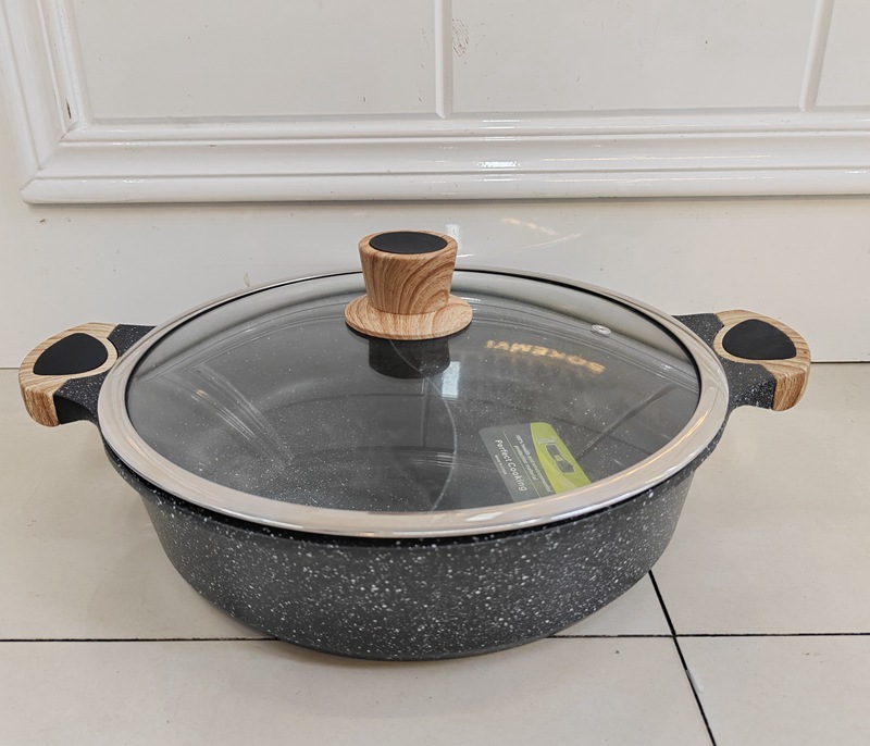 Korean-style tourmaline double pot, shallow soup pot, double-eared wooden handle hot pot, household non-stick pot, deep soup pot, double-bottom induction cooker pic 7