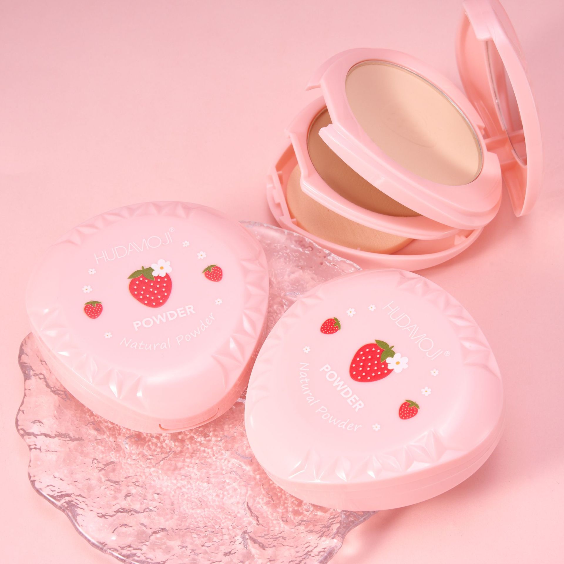 HUDAMOJI pink strawberry three-layer powder compact, a popular cross-border makeup product, features one layer of loose powder and one layer of contouring, which is natural and long-lasting pic 4