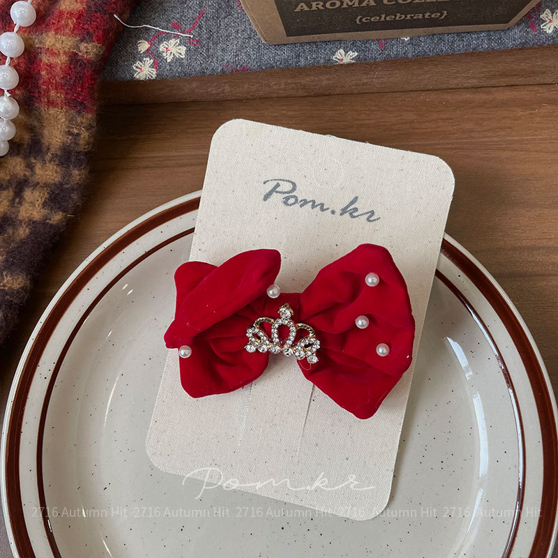 新款韩版红色系蝴蝶结发夹手工布艺儿童侧边碎发刘海夹甜美边夹女红色蝴蝶结发夹 毛呢网纱款带装饰 含皇冠玩偶 少女喜庆精致发详情11