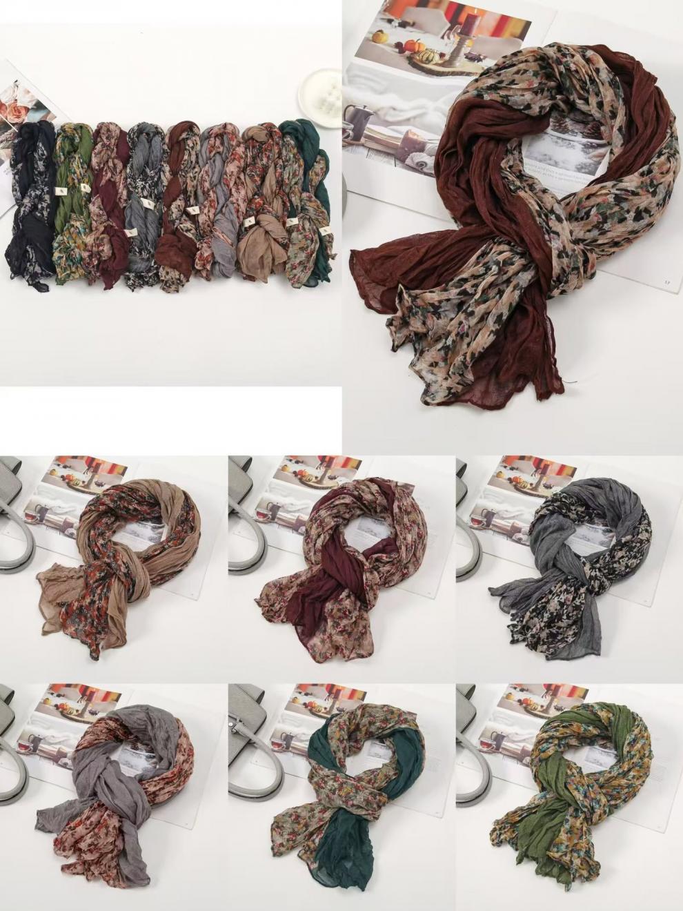 春秋麻花围巾褶皱简约百搭丝巾韩版外贸碎花披肩巴厘纱围巾女围脖详情21