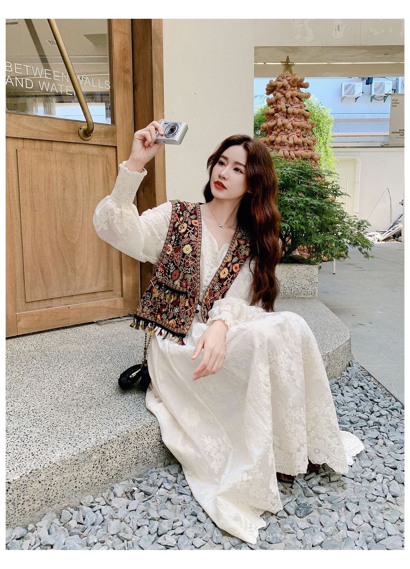 Real shot Bohemian fringed vest jacquard long dress two-piece set 2025 autumn collection lace patchwork V-neck dress pic 39