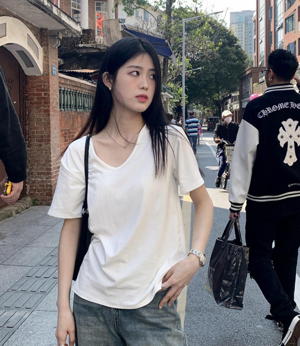 新款夏季薄款V领短袖T恤女白色打底衫宽松显瘦休闲体恤上衣潮流女详情5