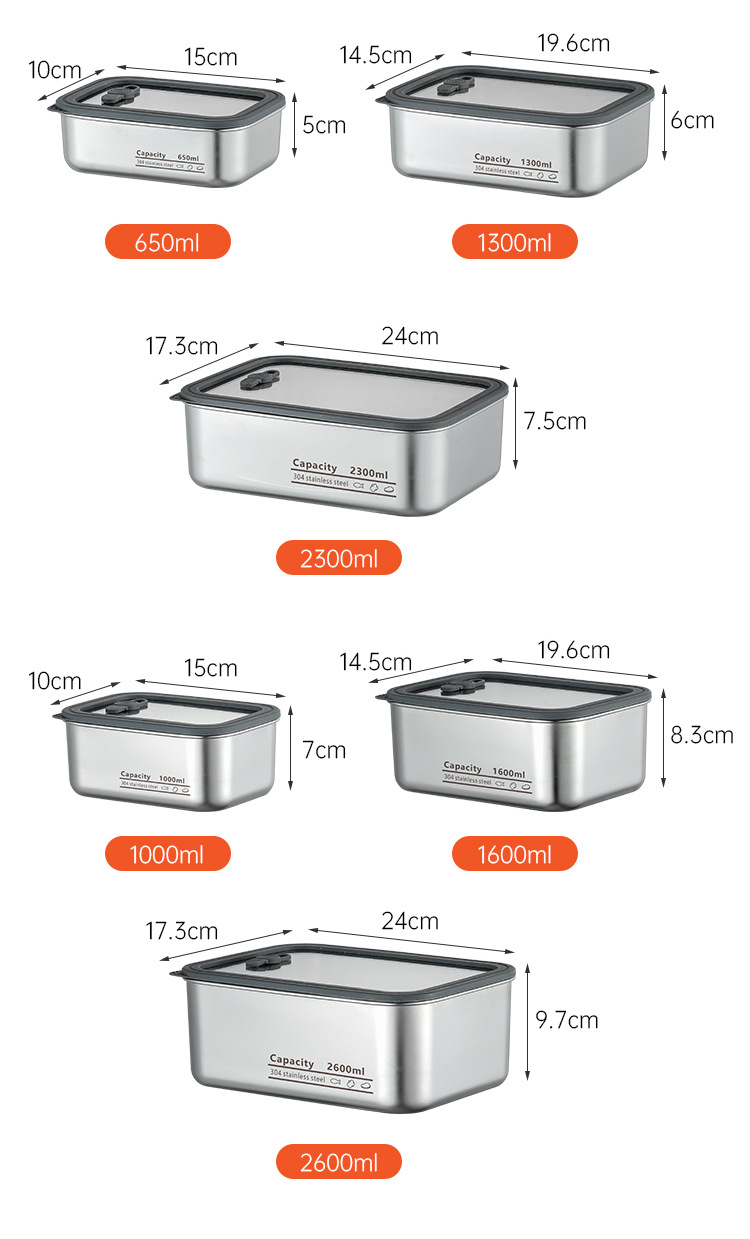 不锈钢食品级304保鲜盒长方形密封饭盒收纳盒储物盒冰箱带玻璃盖详情20