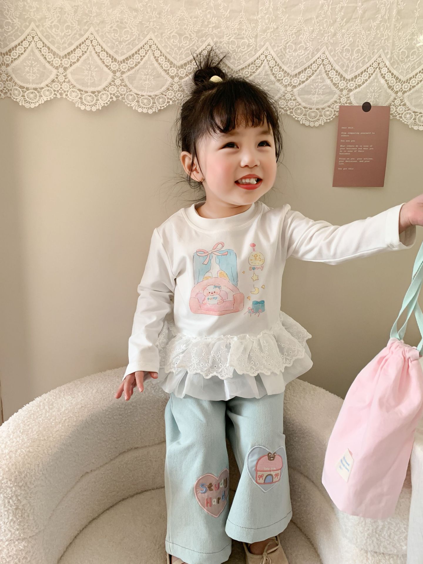 Caña pear niño niña traje primavera 2026 nuevo estilo niños korean manga larga camiseta jeans mujer bebé ropa pic 15